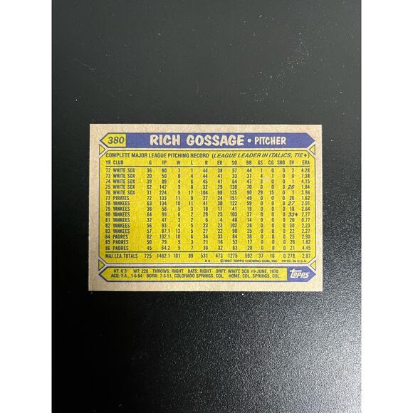 1987 Topps Rich Goose Gossage #380 Baseball Card SD Padres - Picture 2 of 2